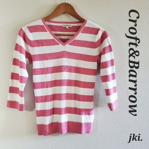 Croft&Barrow Womens Tops V-neck 3/4 Sleeves Pink/White Striped size: S